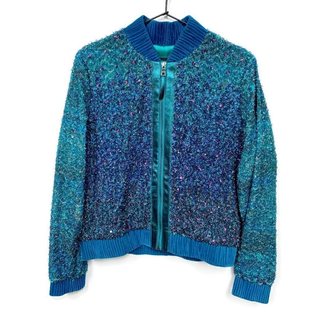 NWT Elie Tahari Sequin Leather Bomber Jacket Mermaidcore Metallic Blue S